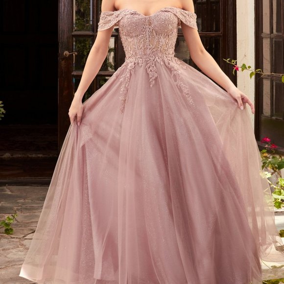 NEW MAUVE PROM PARTY EVENING LONG LACE OFF THE SHOULDER A-LINE DRESS CD961